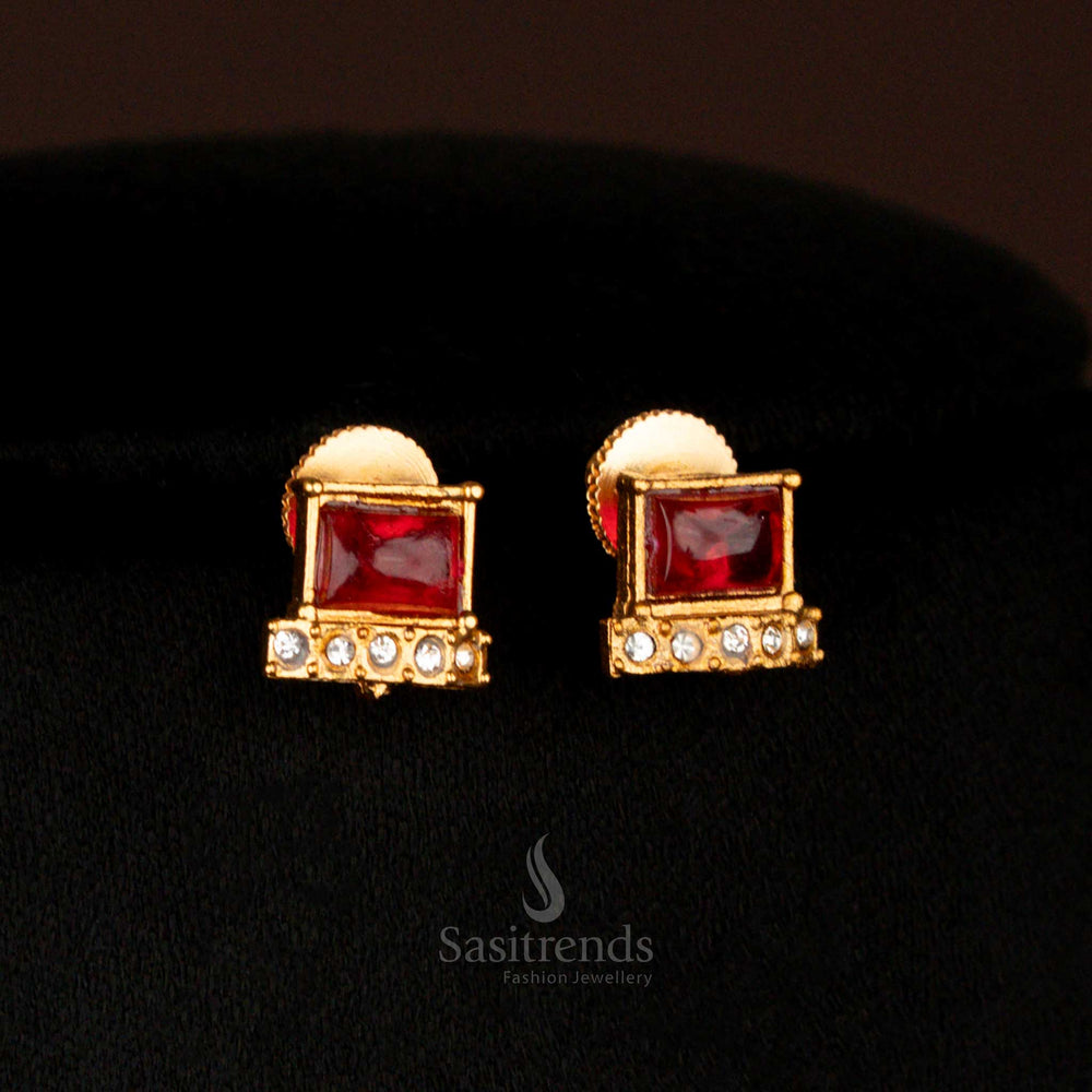 Classic matte gold plated Earrings set with ruby-hued square stones and matching stud earrings – authentic bridal temple jewellery perfect for sarees and wedding traditions – Sasitrends
