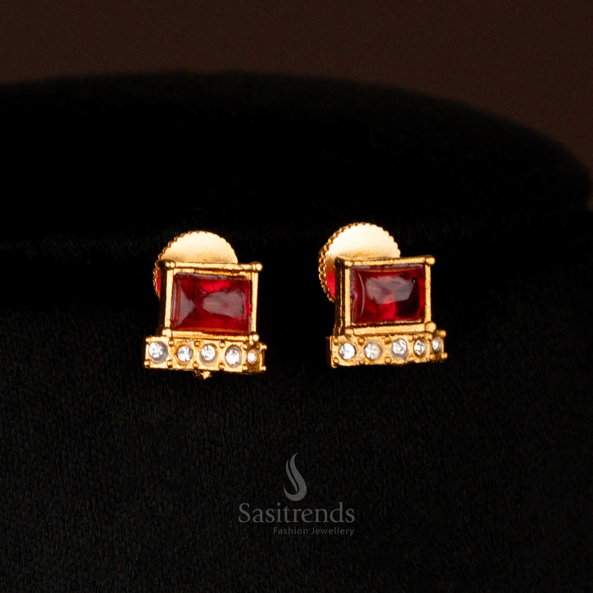 Classic matte gold plated Earrings set with ruby-hued square stones and matching stud earrings – authentic bridal temple jewellery perfect for sarees and wedding traditions – Sasitrends