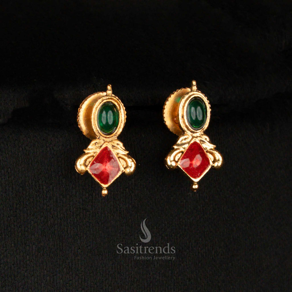 Green-red tone temple earrings in matte gold with decorative oval floral drops and pear stone centre – a brilliant jewellery set for cultural dressing and sarees – Sasitrends
