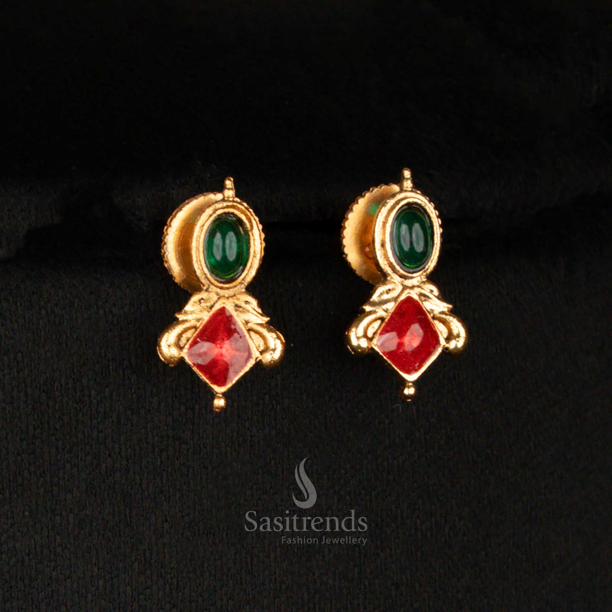 Green-red tone temple earrings in matte gold with decorative oval floral drops and pear centre – a brilliant jewellery set for cultural dressing and sarees – Sasitrends