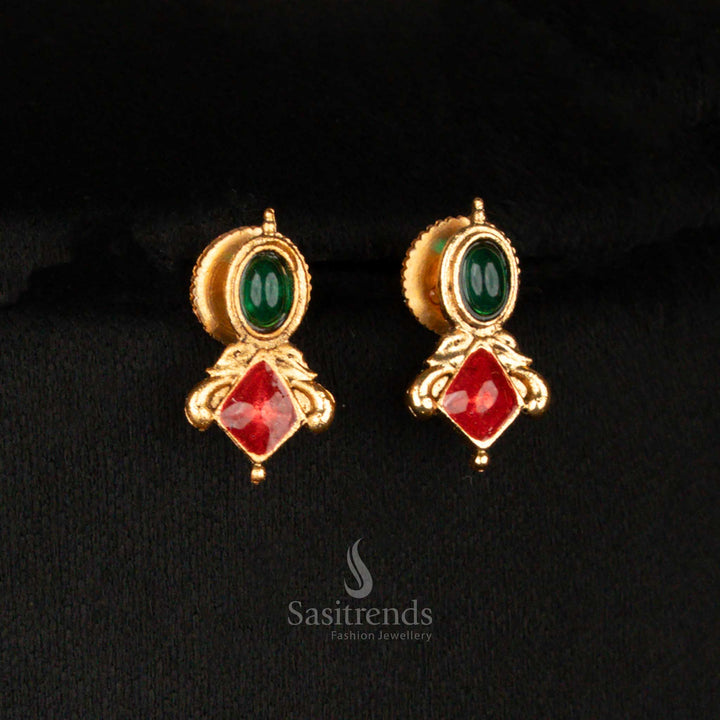 Green-red tone temple earrings in matte gold with decorative oval floral drops and pear centre – a brilliant jewellery set for cultural dressing and sarees – Sasitrends