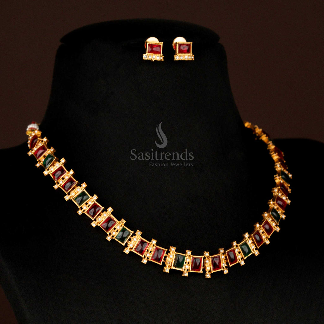 Dual-tone ruby-green matte gold temple jewellery set with elegant square stones and matching stud earrings – designed for weddings and refined ethnic styles – Sasitrends