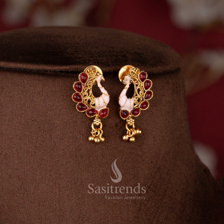Classic Matte Gold Plated Enamel Painted Peacock Pendant Necklace Set with Matching Earrings - Sasitrends