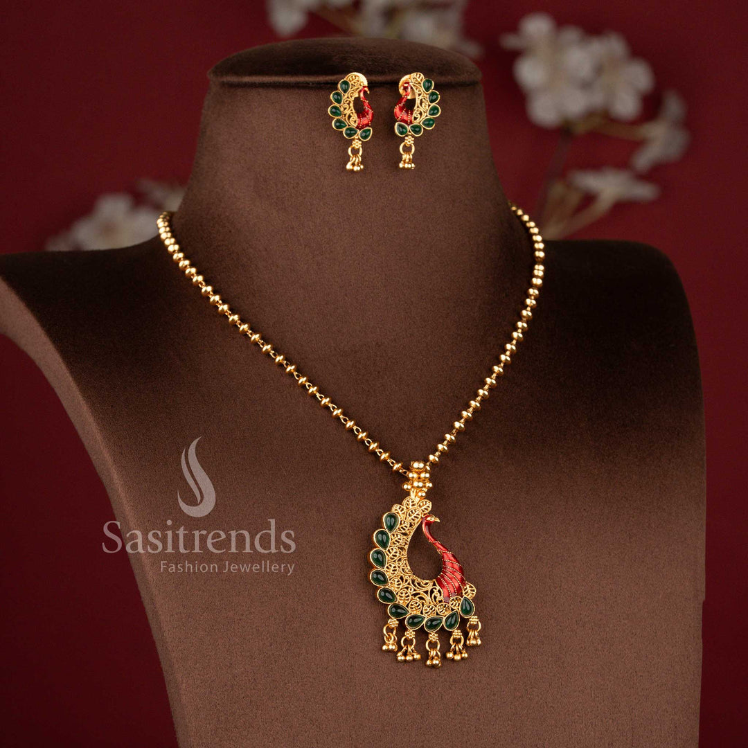 1.	Classic Matte Gold Plated Enamel Painted Peacock Pendant Necklace Set with Matching Earrings - Sasitrends
