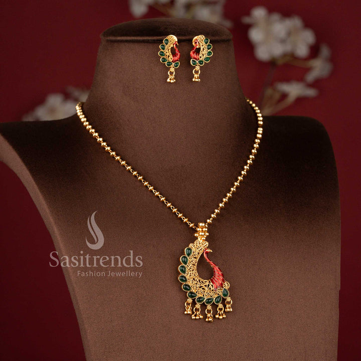 1.	Classic Matte Gold Plated Enamel Painted Peacock Pendant Necklace Set with Matching Earrings - Sasitrends
