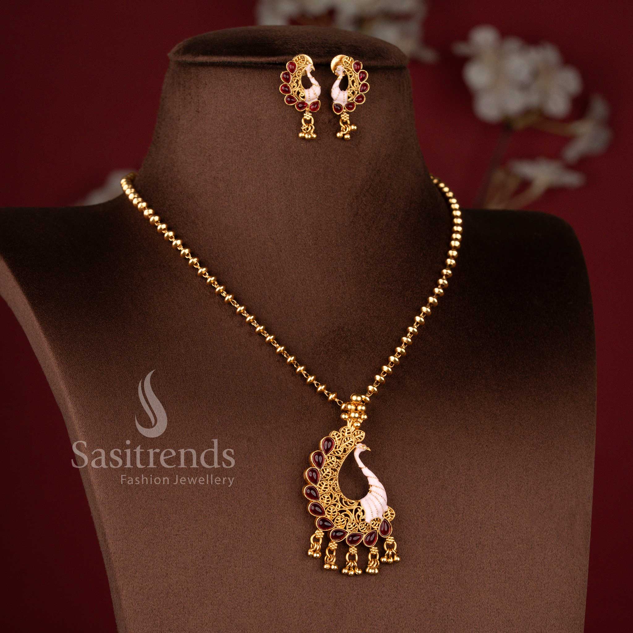 Classic Matte Gold Plated Enamel Painted Peacock Pendant Necklace Set with Matching Earrings - Sasitrends
