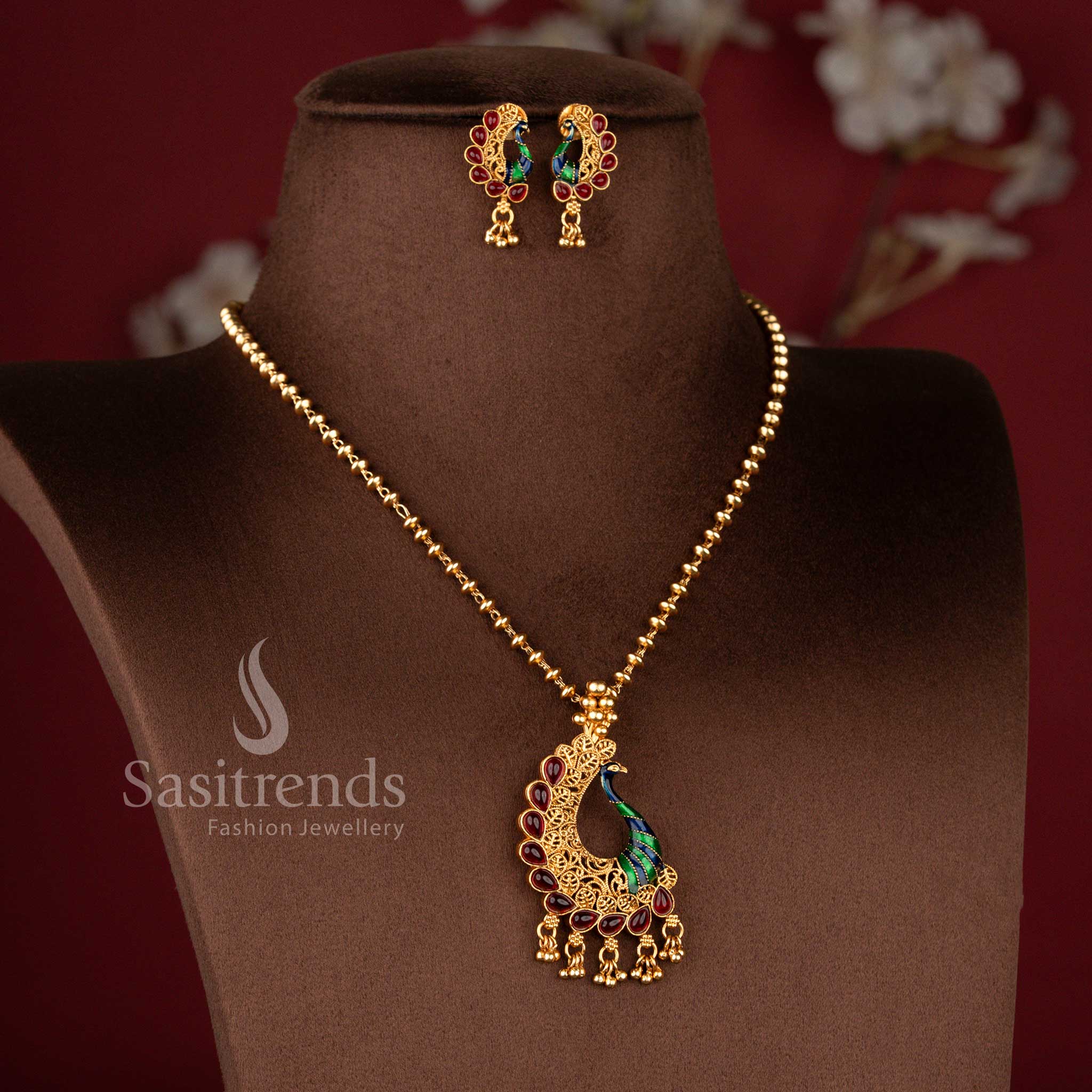 Classic Matte Gold Plated Enamel Painted Peacock Pendant Necklace Set with Matching Earrings - Sasitrends