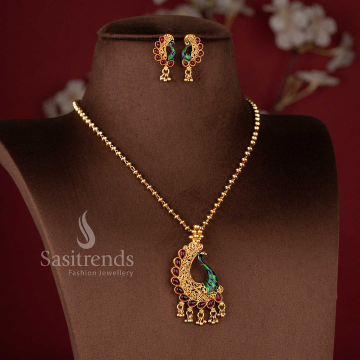 Classic Matte Gold Plated Enamel Painted Peacock Pendant Necklace Set with Matching Earrings - Sasitrends