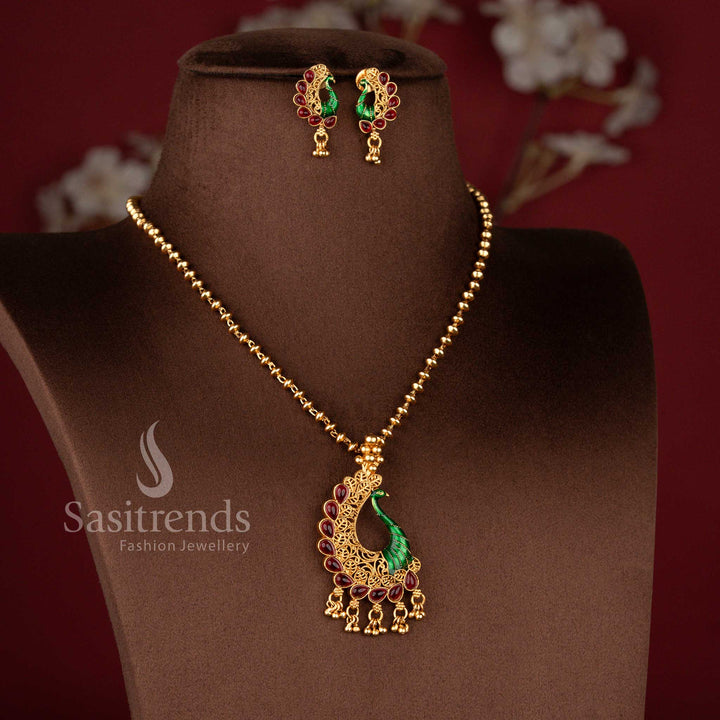 Classic Matte Gold Plated Enamel Painted Peacock Pendant Necklace Set with Matching Earrings - Sasitrends
