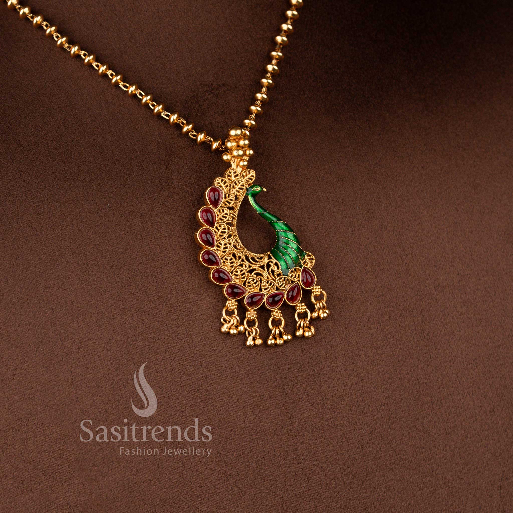 Classic Matte Gold Plated Enamel Painted Peacock Pendant Necklace Set with Matching Earrings - Sasitrends