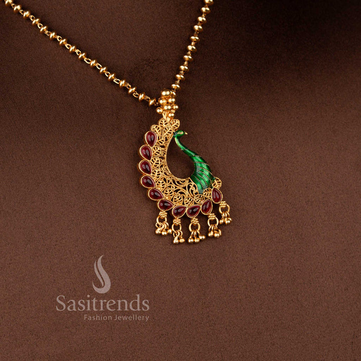 Classic Matte Gold Plated Enamel Painted Peacock Pendant Necklace Set with Matching Earrings - Sasitrends