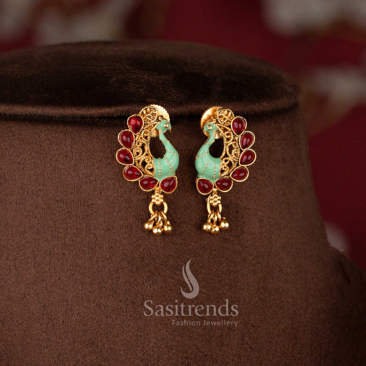Traditional Classic Matte Gold Plated Peacock Pendant Jewellery Set with Green Stones and Enamel Finish - Sasitrends