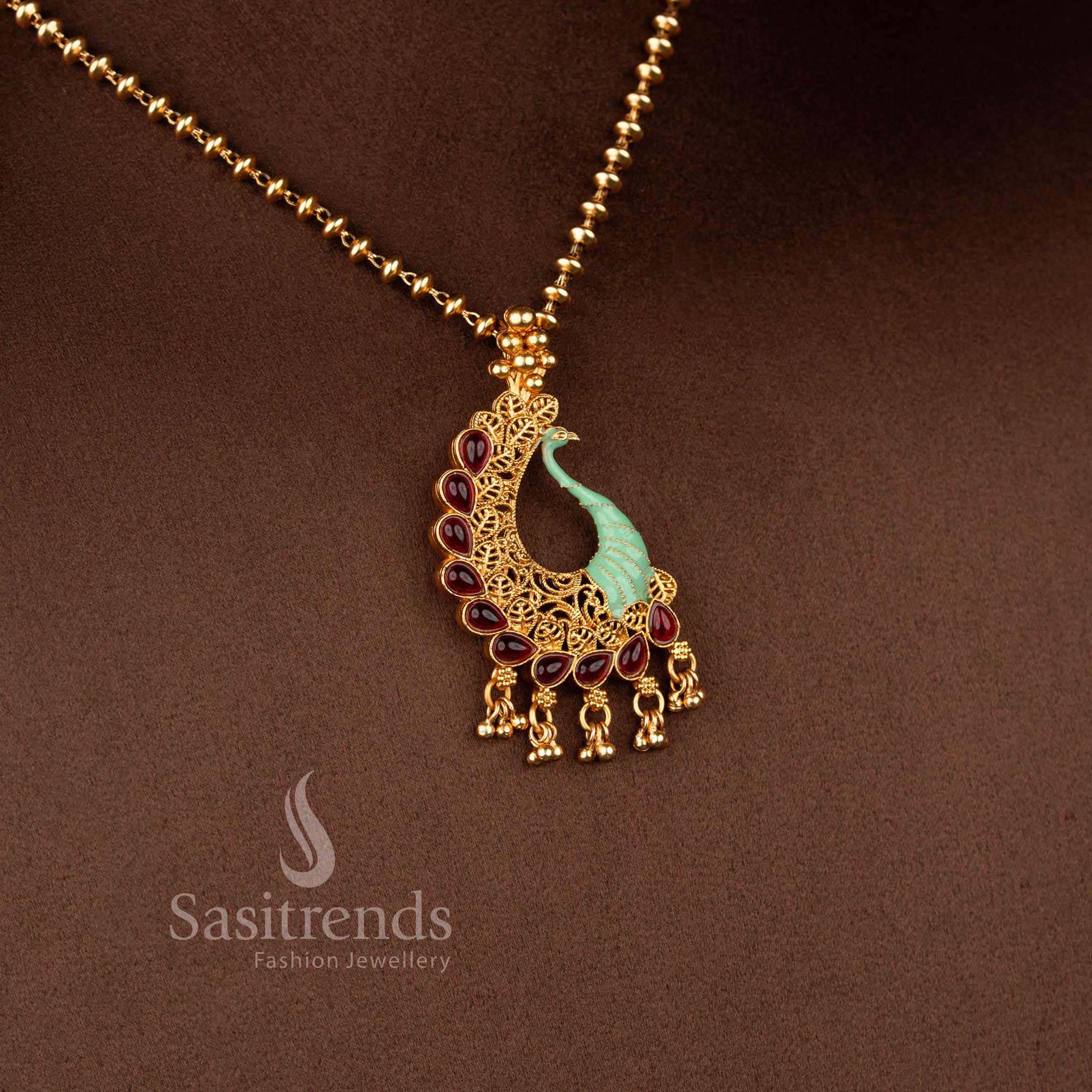 Traditional Classic Matte Gold Plated Peacock Pendant Jewellery Set with Green Stones and Enamel Finish - Sasitrends