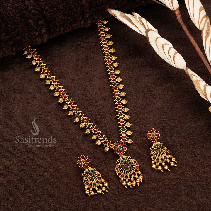 Classic Matte Gold Plated Temple Flower Long Haram Necklace Jewellery Set - Sasitrends