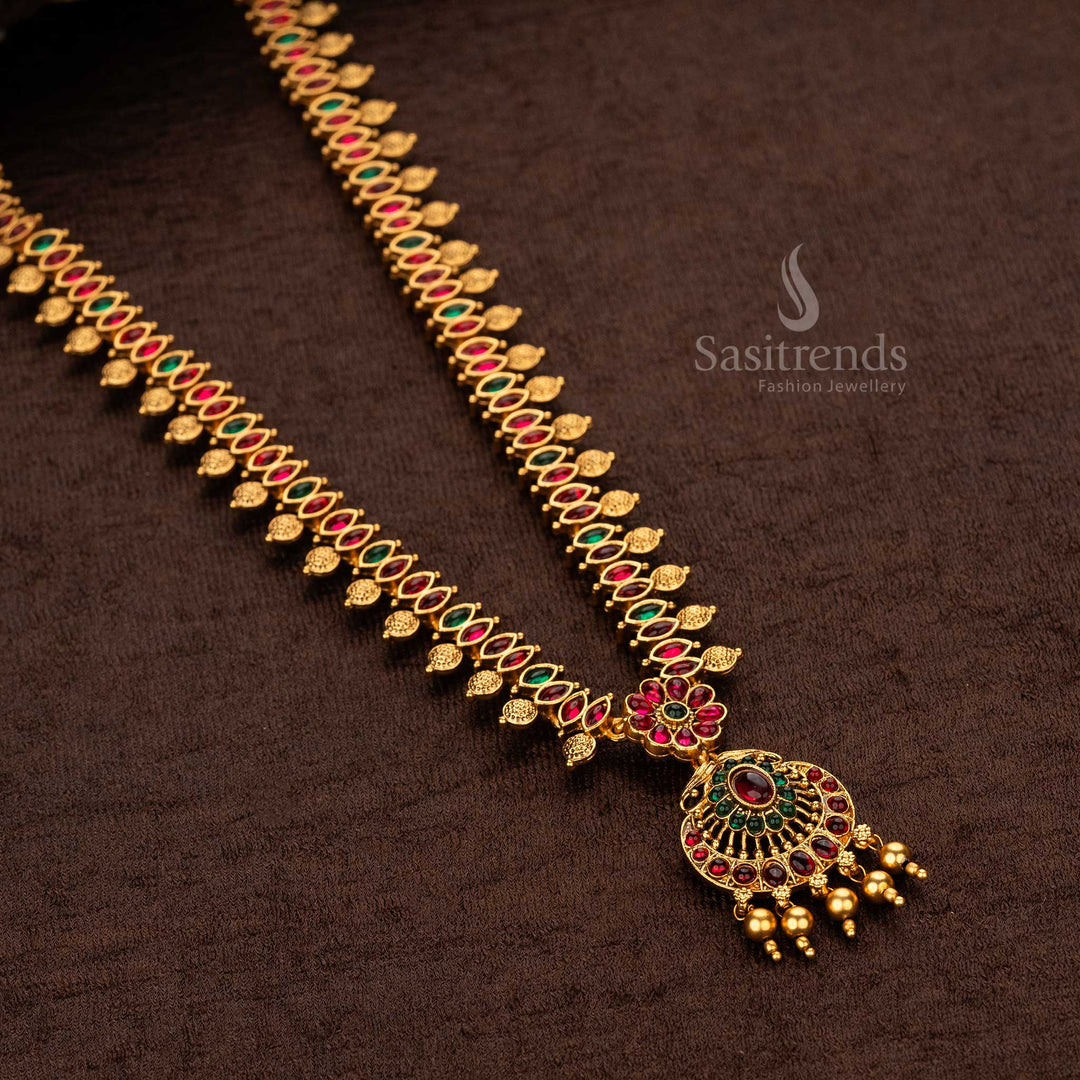 Classic Matte Gold Plated Temple Flower Long Haram Necklace Jewellery Set Sasitrends