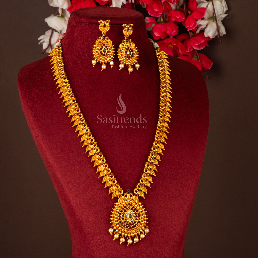 Classic Matte Gold Peacock Designer Long Necklace Jewellery Set - Sasitrends