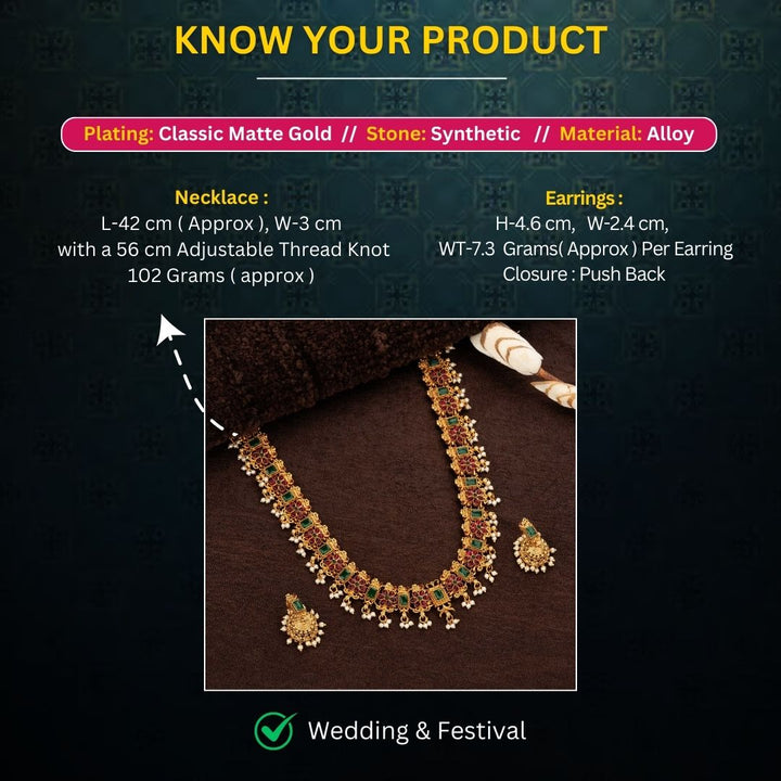 Traditional Classic Temple Matte Gold Plated Temple Long Floral Pearl Haram Necklace Jewellery Set with Jhumka Earrings - Sasitrends - Sasitrends