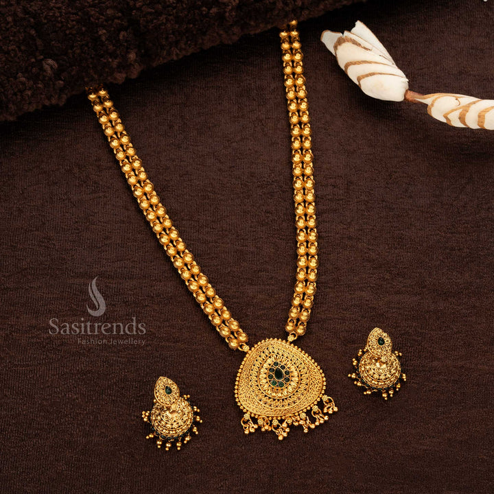 Traditional Classic Matte Gold Plated long Haram Jewellery Set with Double Layered Golden Balls  - Sasitrends
