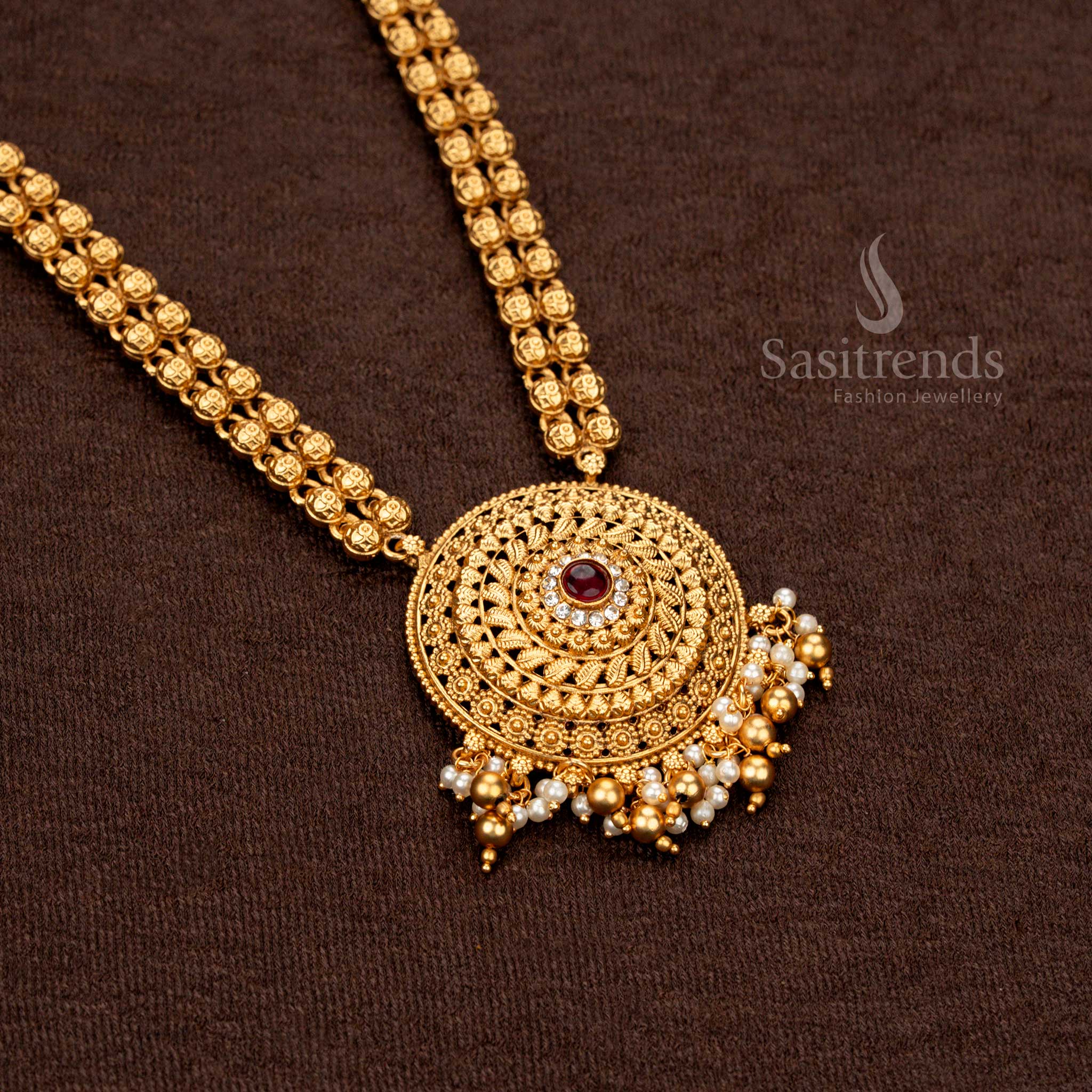 Matte gold temple necklace set with filigree detailing, handcrafted pearl embellishments, and stone accents - Sasitrends