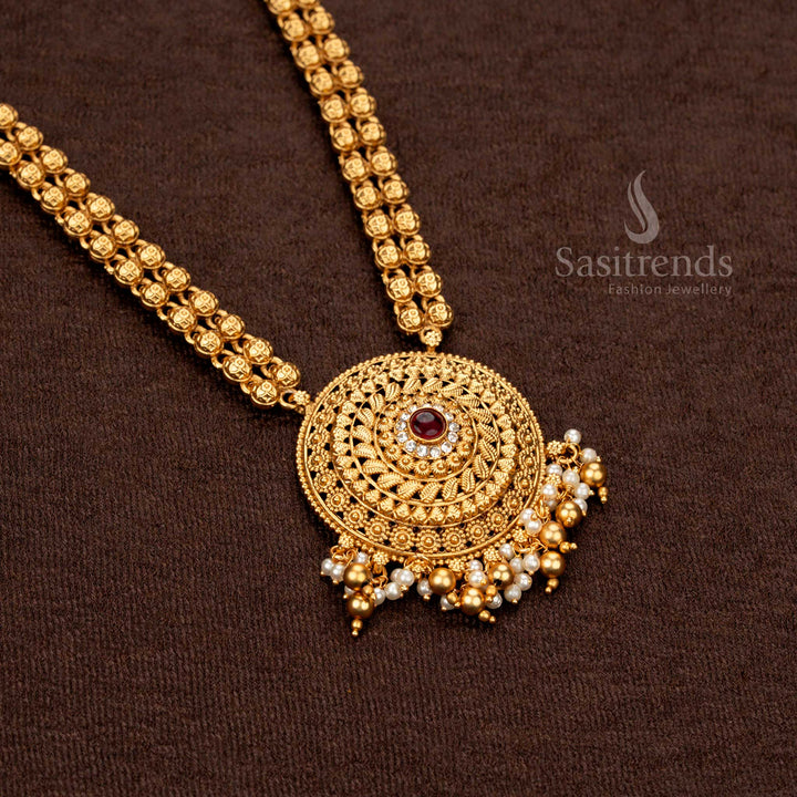 Matte gold temple necklace set with filigree detailing, handcrafted pearl embellishments, and stone accents - Sasitrends
