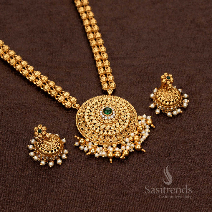 Luxurious temple haram with dual-layered beaded chain, a statement stone pendant, and gold-tone details - Sasitrends