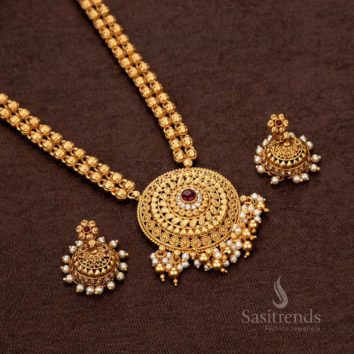 High-quality temple-style long necklace with a pearl-adorned circular pendant and ruby-green stones - Sasitrends