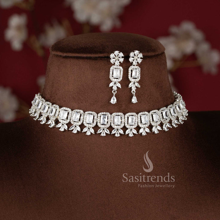 Rhodium silver plated party wear necklace set featuring a repeating sequence of white emerald-cut American Diamonds framed by brilliant stone halos - Sasitrends