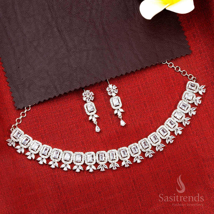 Stunning Rhodium Silver Plated Necklace Set with White American Diamonds - A Timeless Party Wear Accessory - Sasitrends