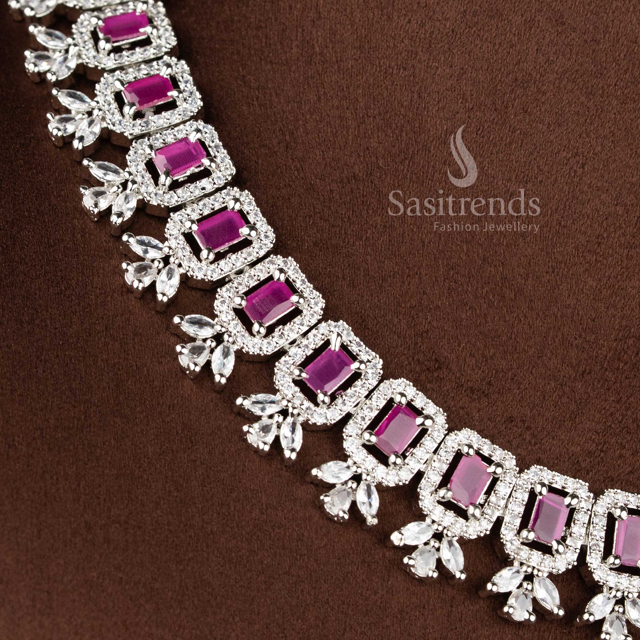 Rhodium silver plated party wear necklace jewellery set featuring a repeating sequence of vibrant Ruby American Diamonds framed by brilliant white stone halos 2021B - Sasitrends