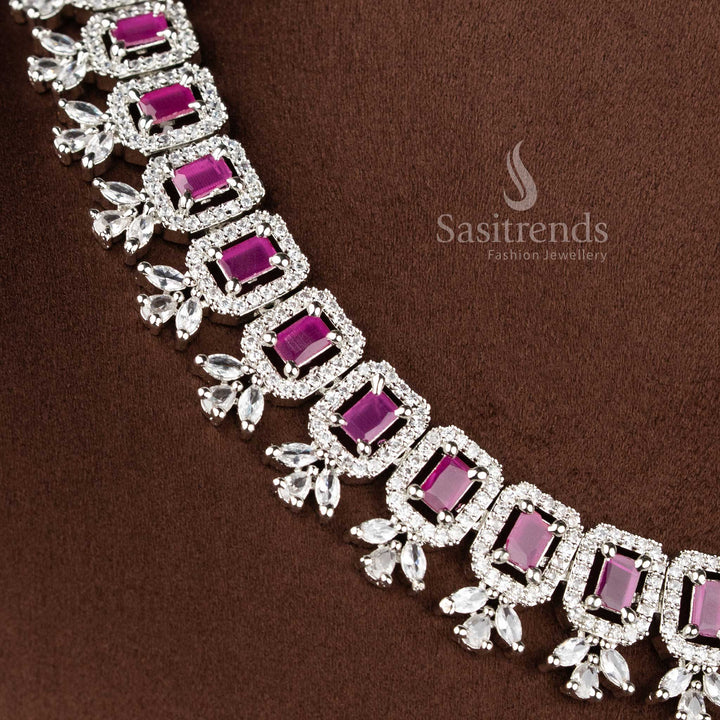 Rhodium silver plated party wear necklace jewellery set featuring a repeating sequence of vibrant Ruby American Diamonds framed by brilliant white stone halos 2021B - Sasitrends