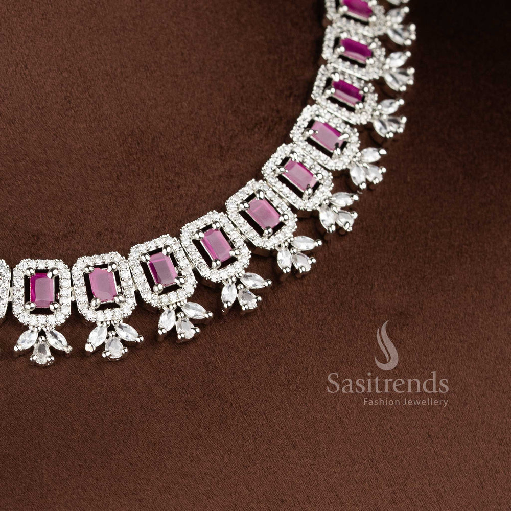 Stunning Ruby Red American Diamond Drop Earrings with a floral stud and a rectangular ruby stone centerpiece in a rhodium silver finish 2021B - Sasitrends