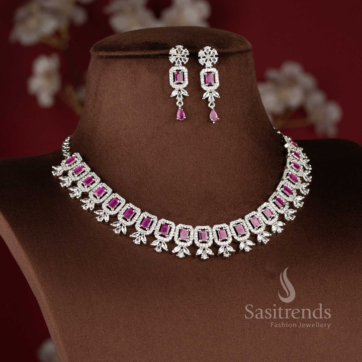 Dazzling Rhodium Silver Plated American Diamond Necklace Jewellery Set For Bridal & Party Wear- Sasitrends