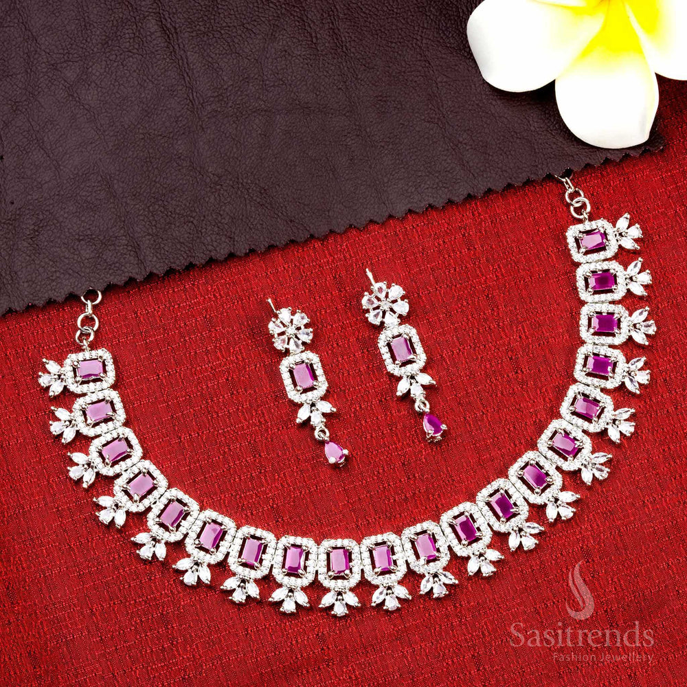 Rich Look Rhodium Silver Plated Necklace Set with Gorgeous Ruby Stones and Floral Pattern - Ideal for Special Occasions - Sasitrends