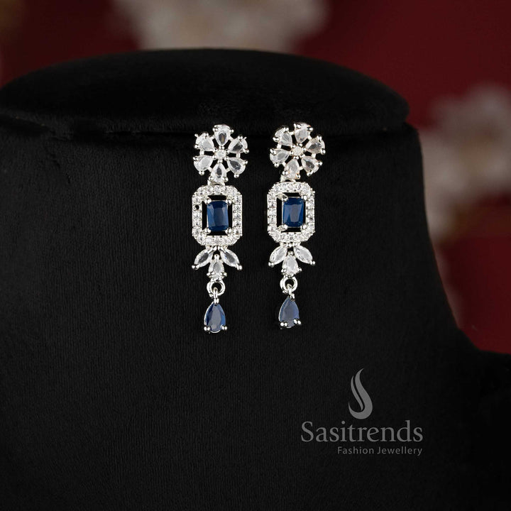 Regal party wear necklace jewellery set featuring deep sapphire-blue American Diamonds in a cool rhodium silver finish for a high-contrast, modern look 2021D - Sasitrends