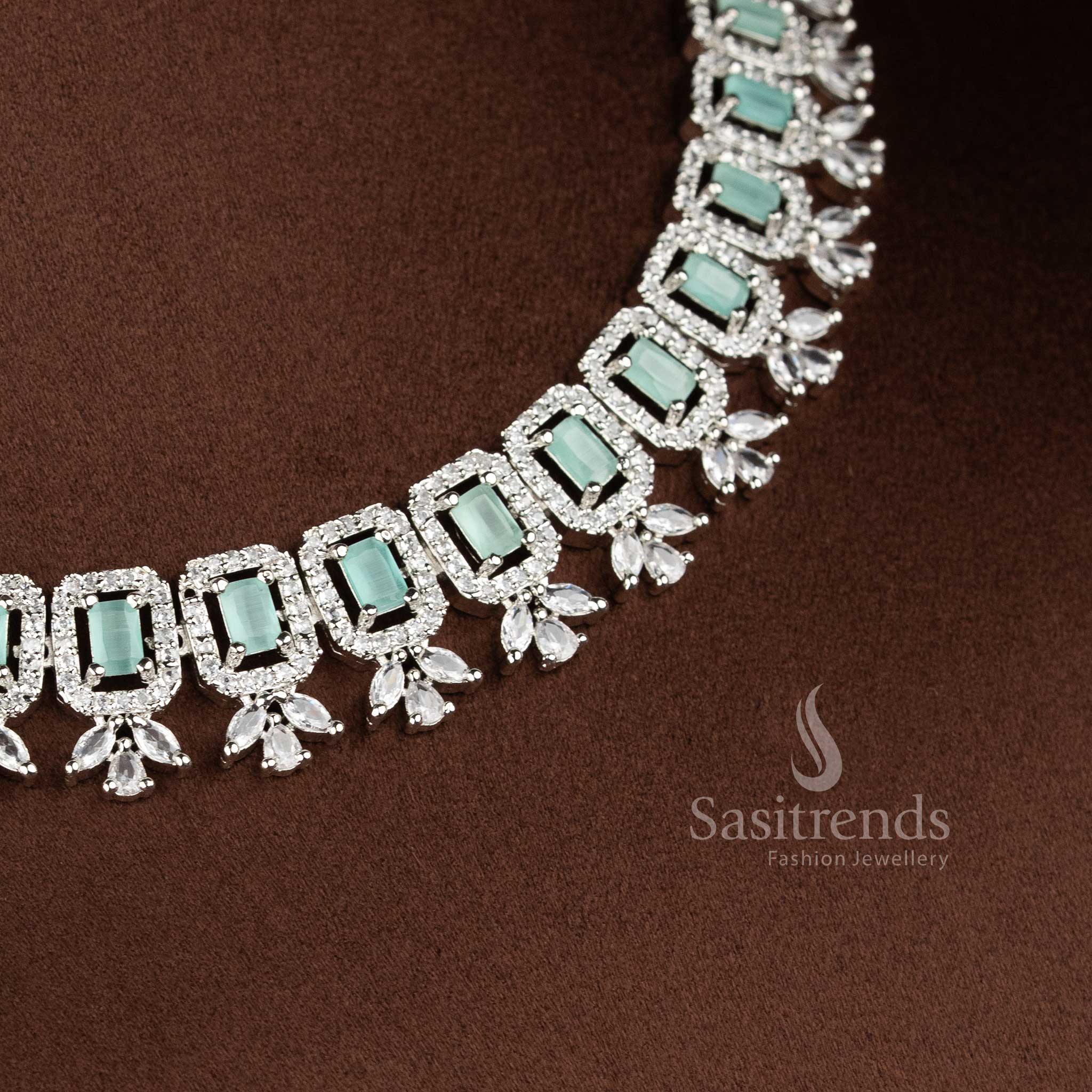 Mint Green Stone Choker Necklace with matching floral-drop earrings designed for daytime receptions and modern party wear - Sasitrends