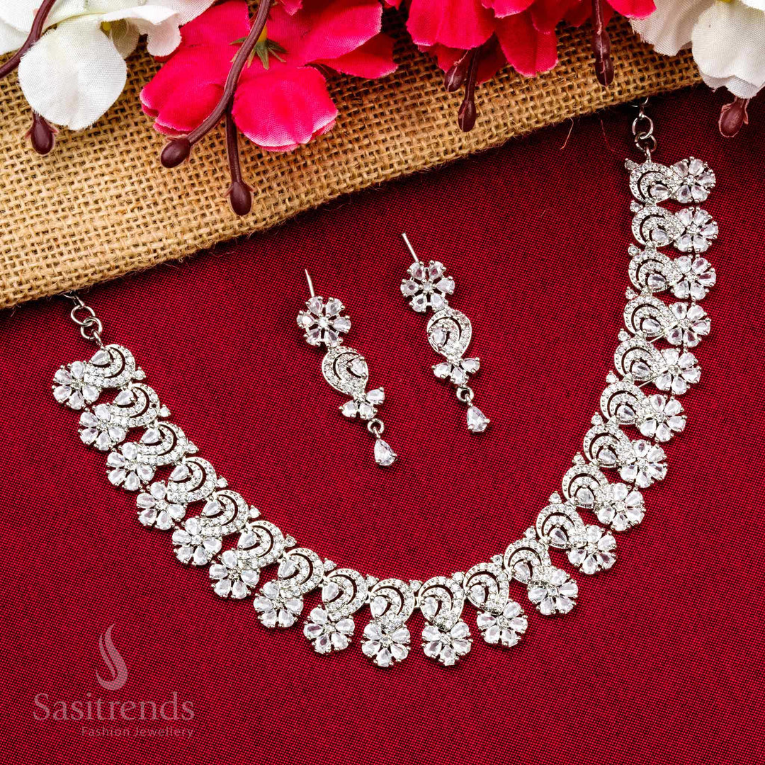 Elegant White Stone Floral Pattern Necklace Set - Rhodium Plated, American Diamonds, Party Wear Jewelry - Sasitrends