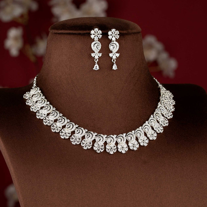 Beautiful White American diamond necklace set with floral arrangement suitable for bridal and reception wear - sasitrends