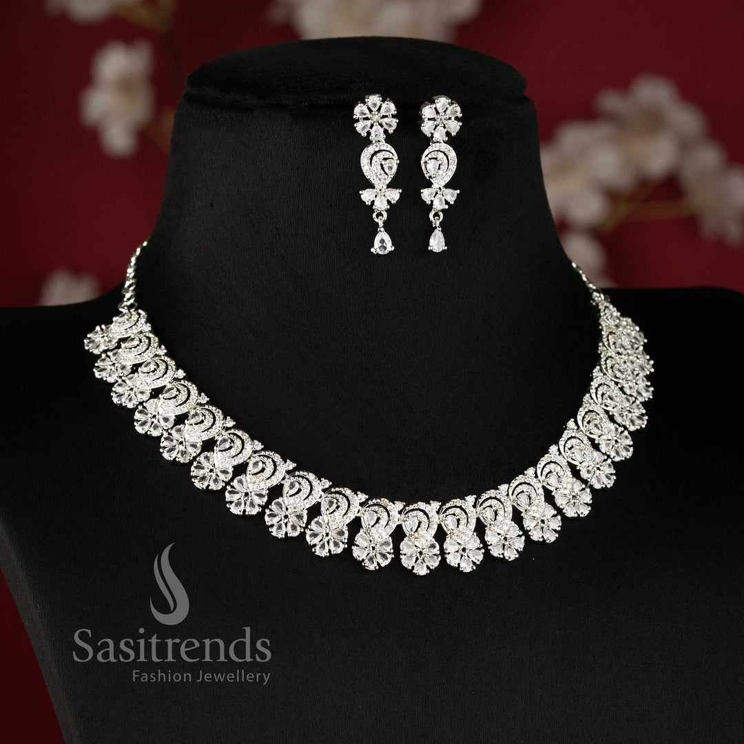 White rhodium silver plated floral necklace set with sparkling American diamond stones in elegant party wear design - Sasitrends
