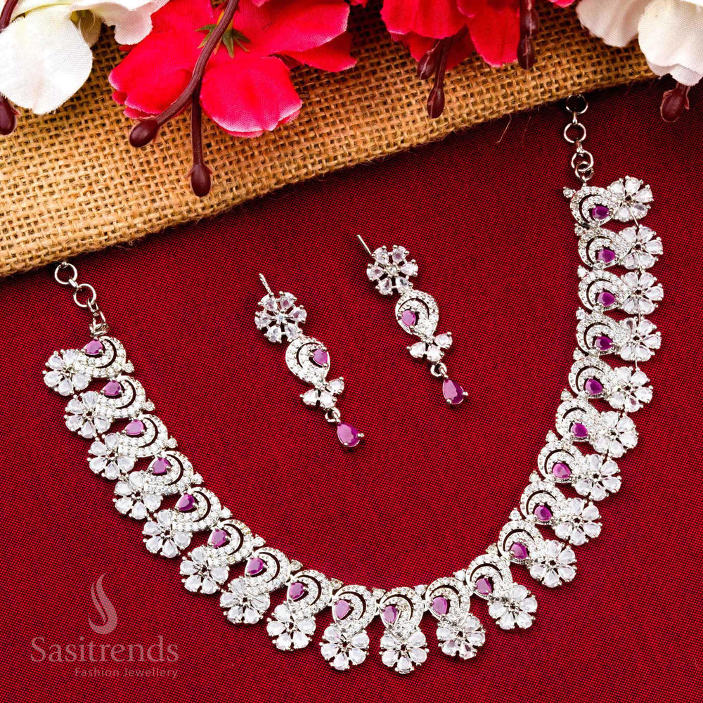 Luxurious Ruby Stone Floral Pattern Necklace Set - Rhodium Plated, American Diamonds, Party Wear Jewelry - Sasitrends