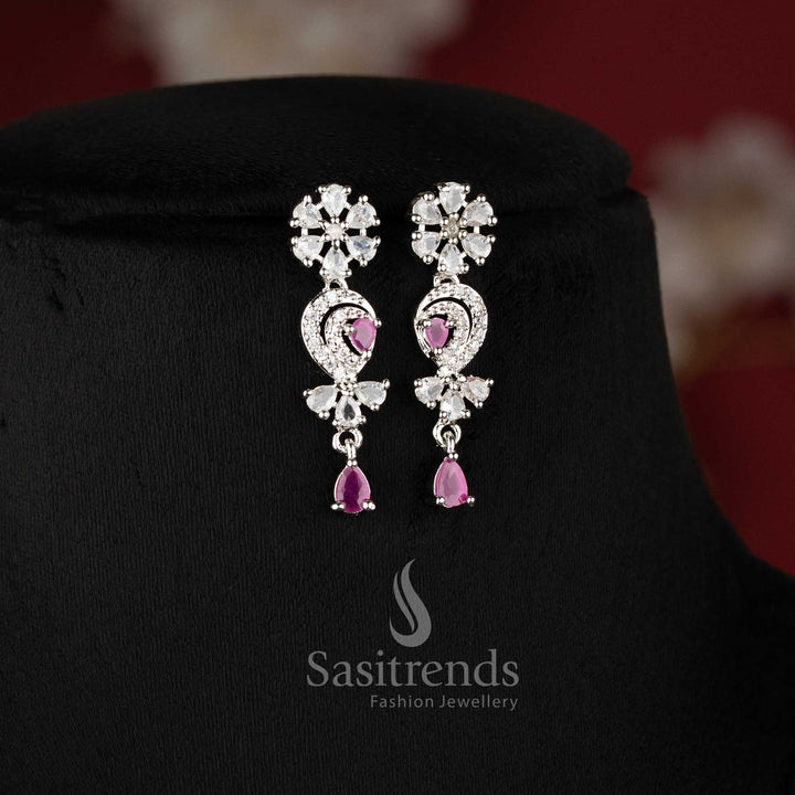 Beautiful ruby American diamond necklace set with floral arrangement suitable for bridal and reception wear - Sasitrends