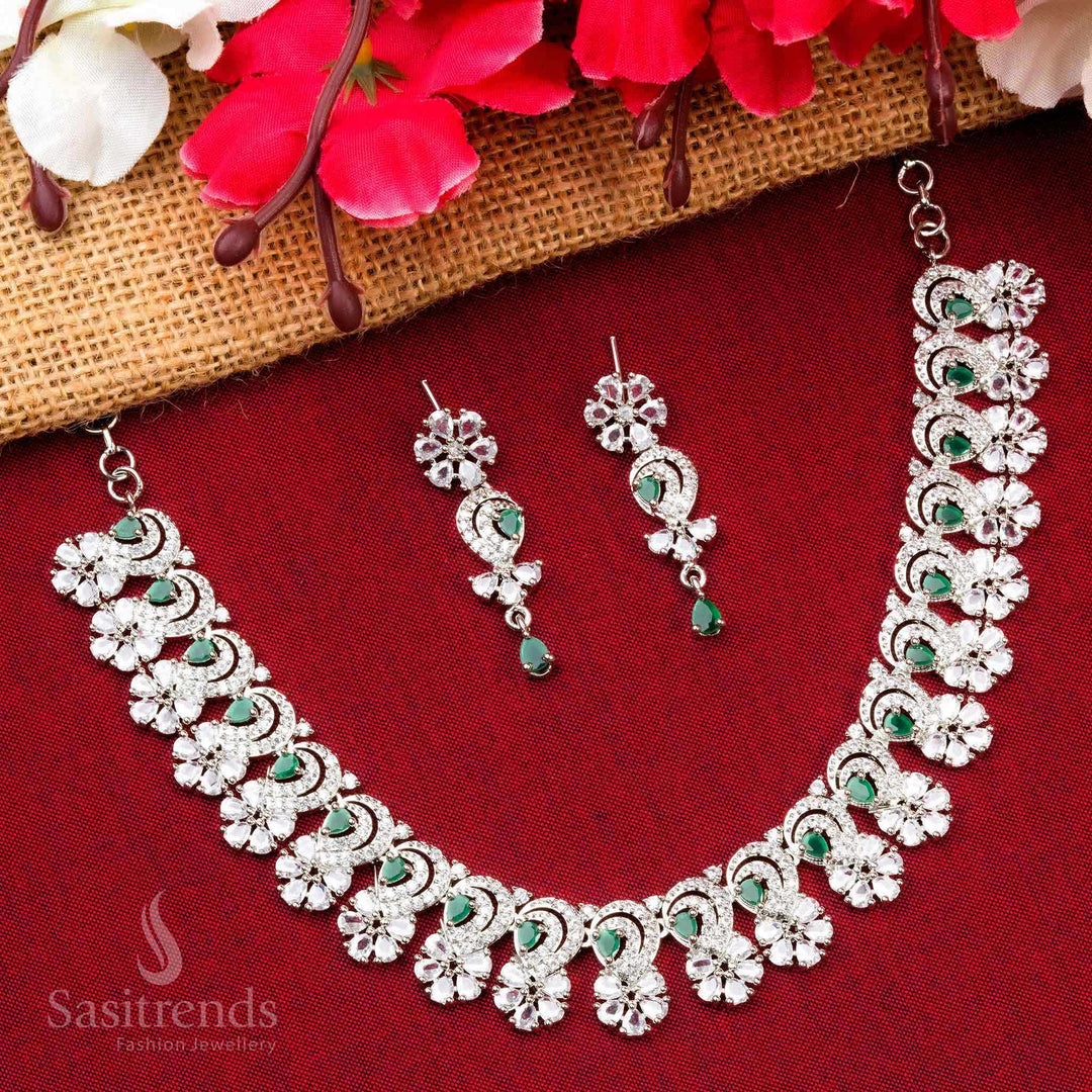 Rich Look Rhodium Silver Plated Necklace with Gorgeous Green Stone Floral Design - Party Wear, AD Stones - Sasitrends