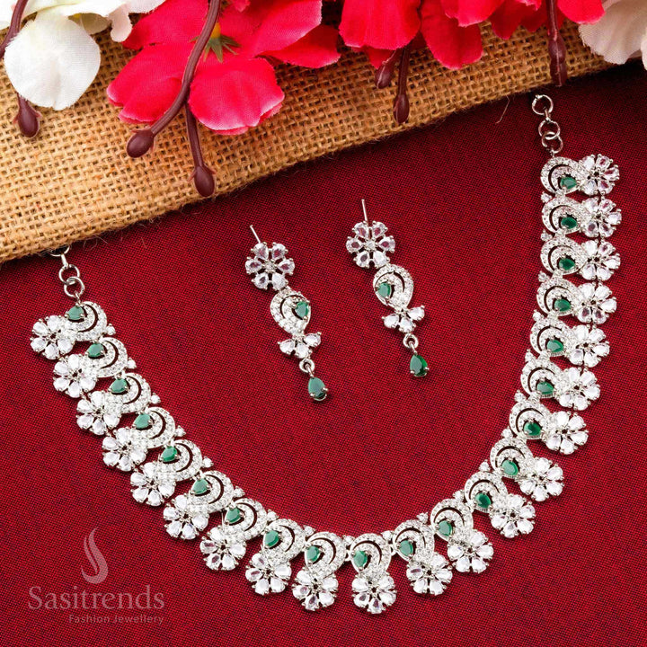 New Trendy Floral Pattern Party Wear Rhodium Silver Plated Jewellery Set with American Diamond Stones | Sasitrends