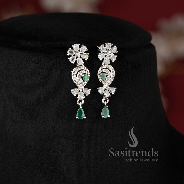 Green color rhodium silver plated floral necklace set with American diamond stones for party wear - Sasitrends