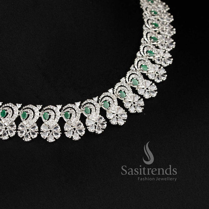 Elegant green AD stone necklace set with intricate floral design and matching earrings for festive occasions - Sasitrends