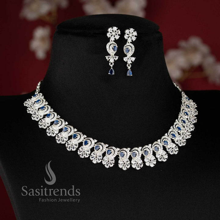 Blue color rhodium silver plated floral necklace set with American diamond stones for party wear by sasitrends