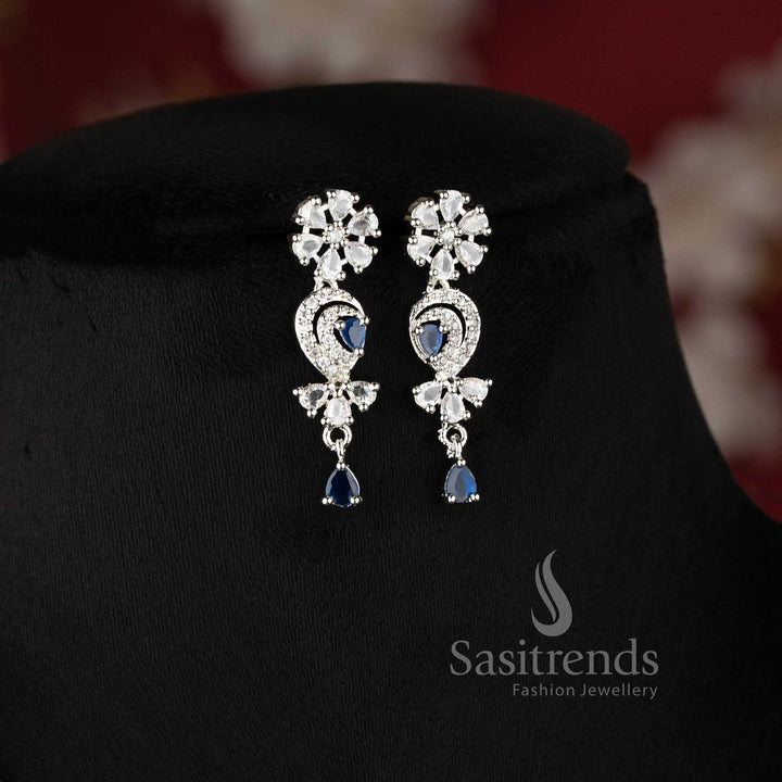 Trendy blue stone studded rhodium plated necklace set with detailed floral pattern - sasitrends