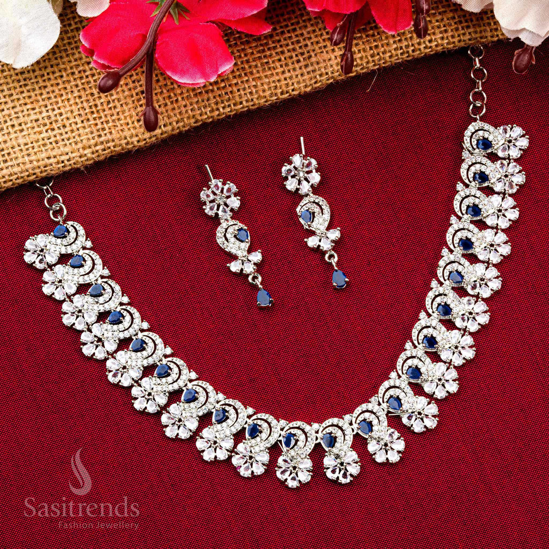 New Trendy Floral Pattern Party Wear Rhodium Silver Plated Necklace Jewellery Set with American Diamond Stones Sasitrends