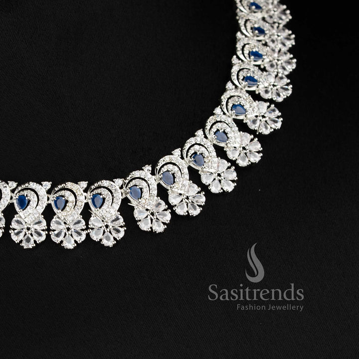 Stylish blue AD floral necklace set with matching earrings for festive and party wear - sasitrends
