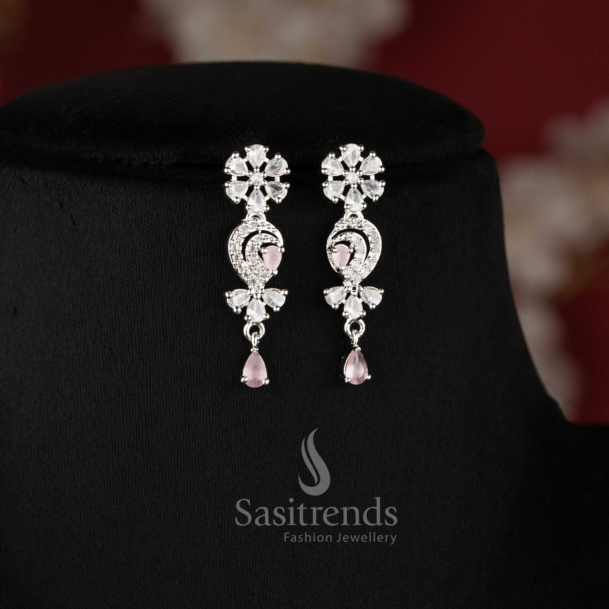 Beautiful pink American diamond necklace set with floral arrangement suitable for bridal and reception wear - sasitrends