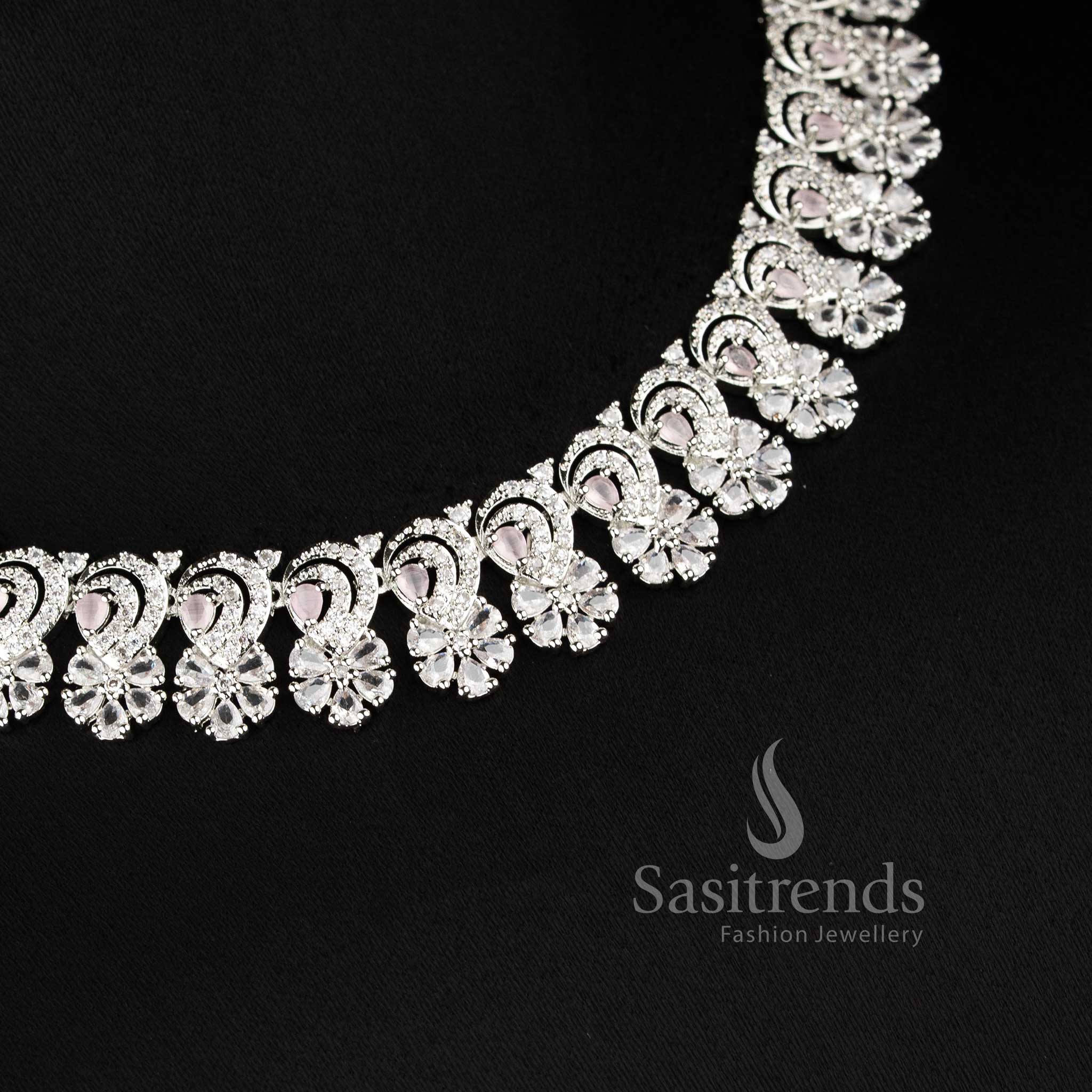 Trendy pink stone studded rhodium plated necklace set with detailed floral pattern and premium finish - sasitrends"